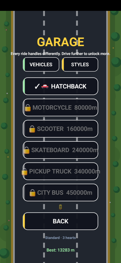 The garage listing vehicles and the distance each needs