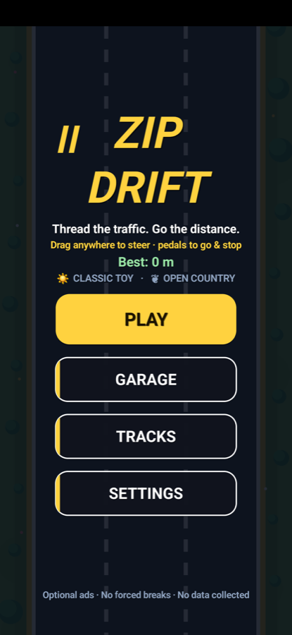 ZipDrift title screen with the stacked ZIP DRIFT logotype