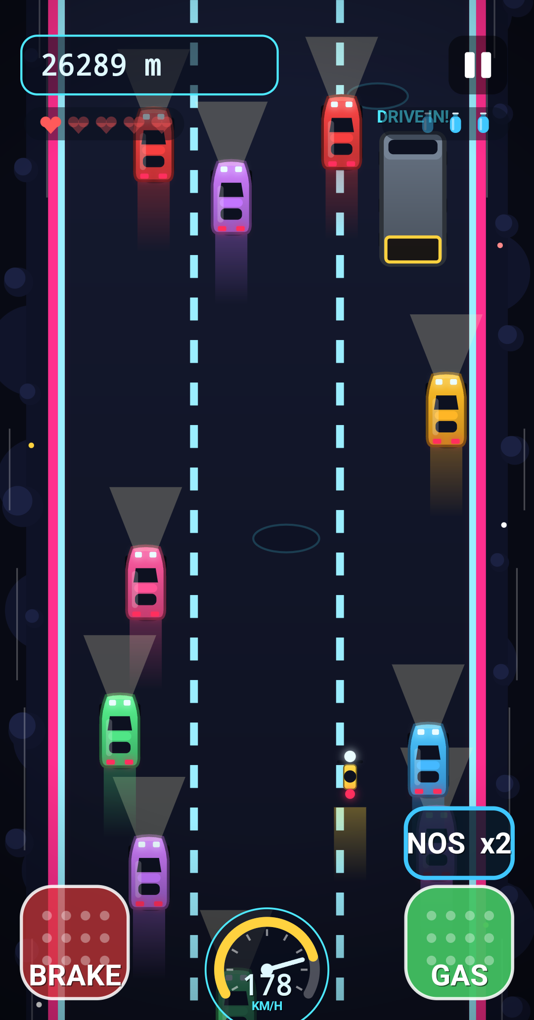 Gameplay in the Neon Drift style: wet streets and glowing traffic at night