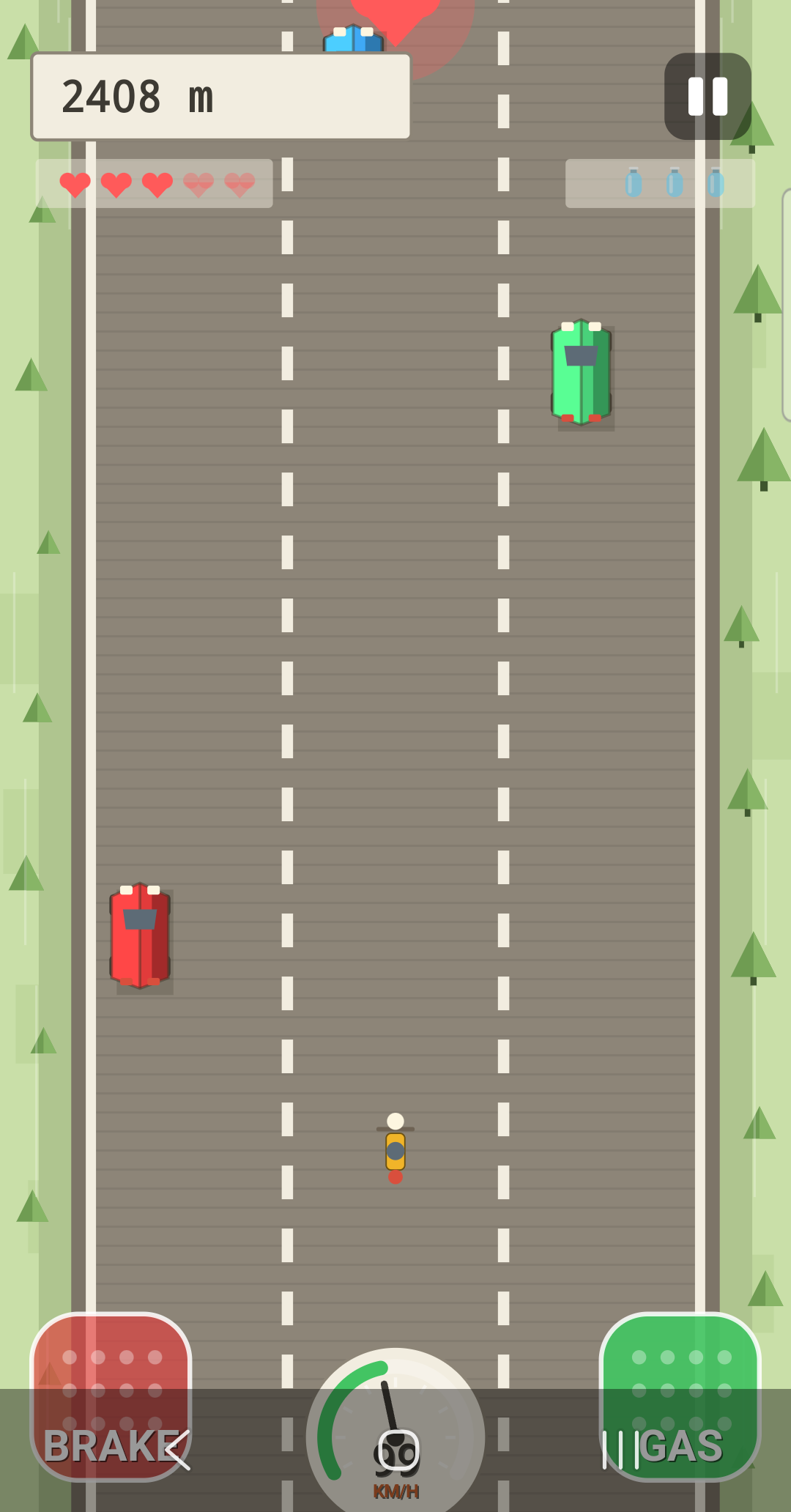 Gameplay in the Papercraft style: folded card trees and traffic with torn paper edges