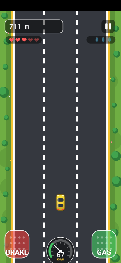 Gameplay: a yellow car on a three-lane road, hearts and NOS tanks in the HUD